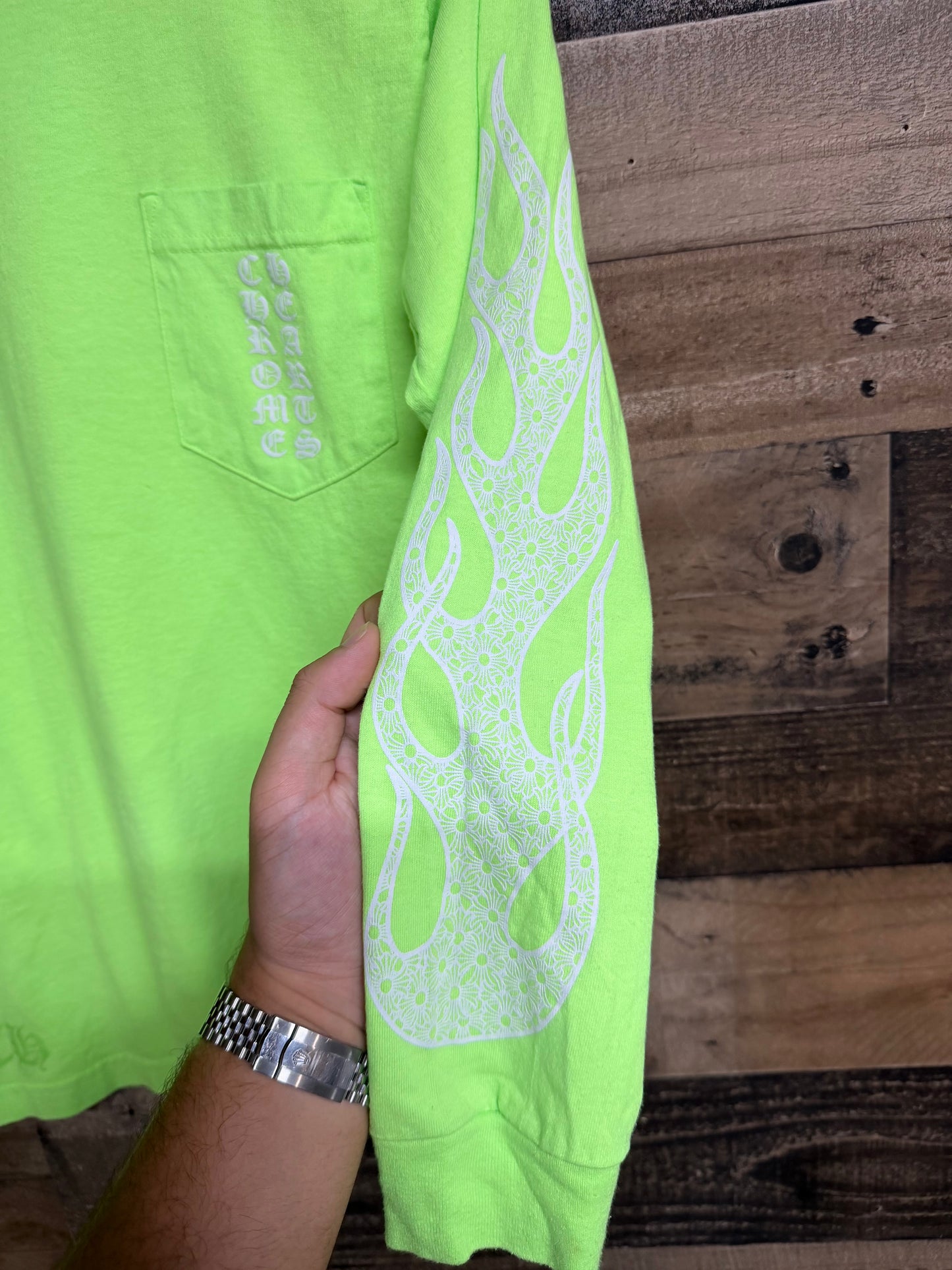 Chrome Hearts Neon Green Flames Long Sleeve Tee